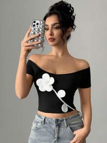 Firerie 节日和假期优雅撞色 3D 花卉露肩 V 领短袖紧身 T 恤，工作和度假时尚，春夏