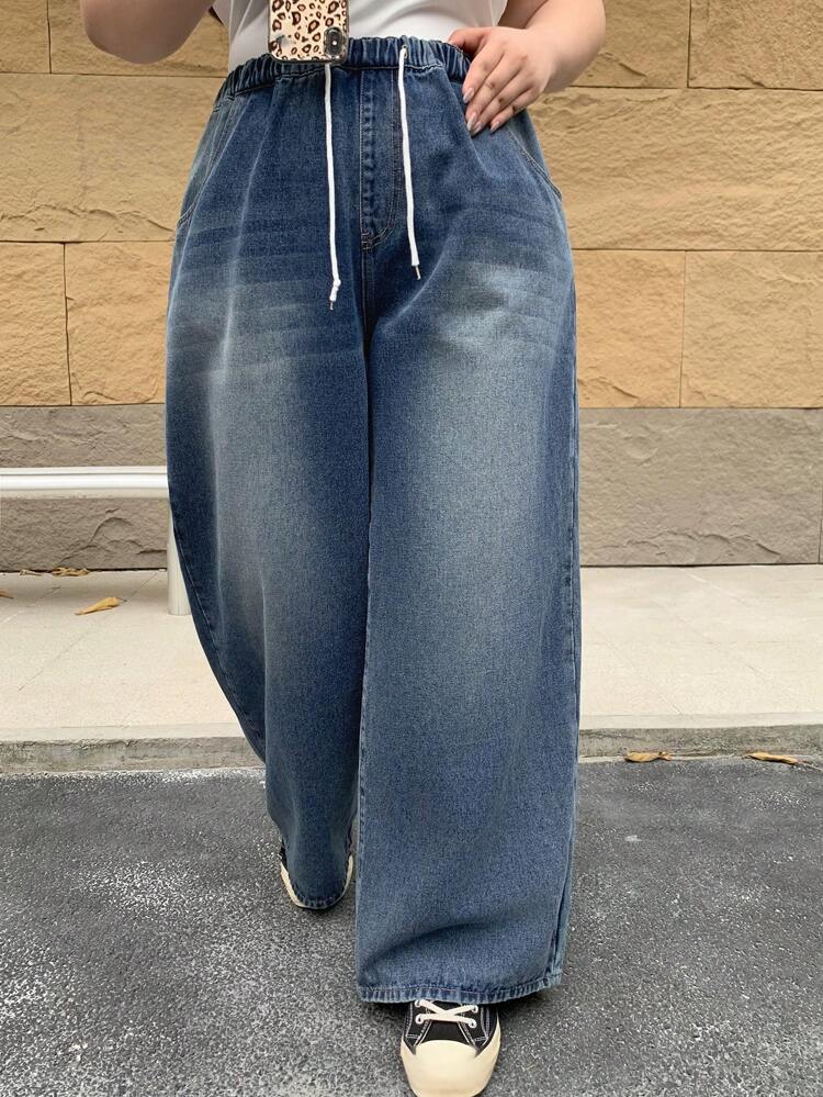 Plus Size Elastic Waist Drawstring Loose Long Denim Jeans, Suitable For All Seasons,Baggy Jeans
