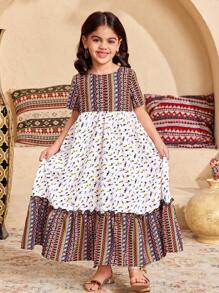 SHEIN Rochie cu mânecă scurtă pentru fată tânără, lejeră, lejeră, minimalistă, confortabilă, cu gât rotund, model mozaic