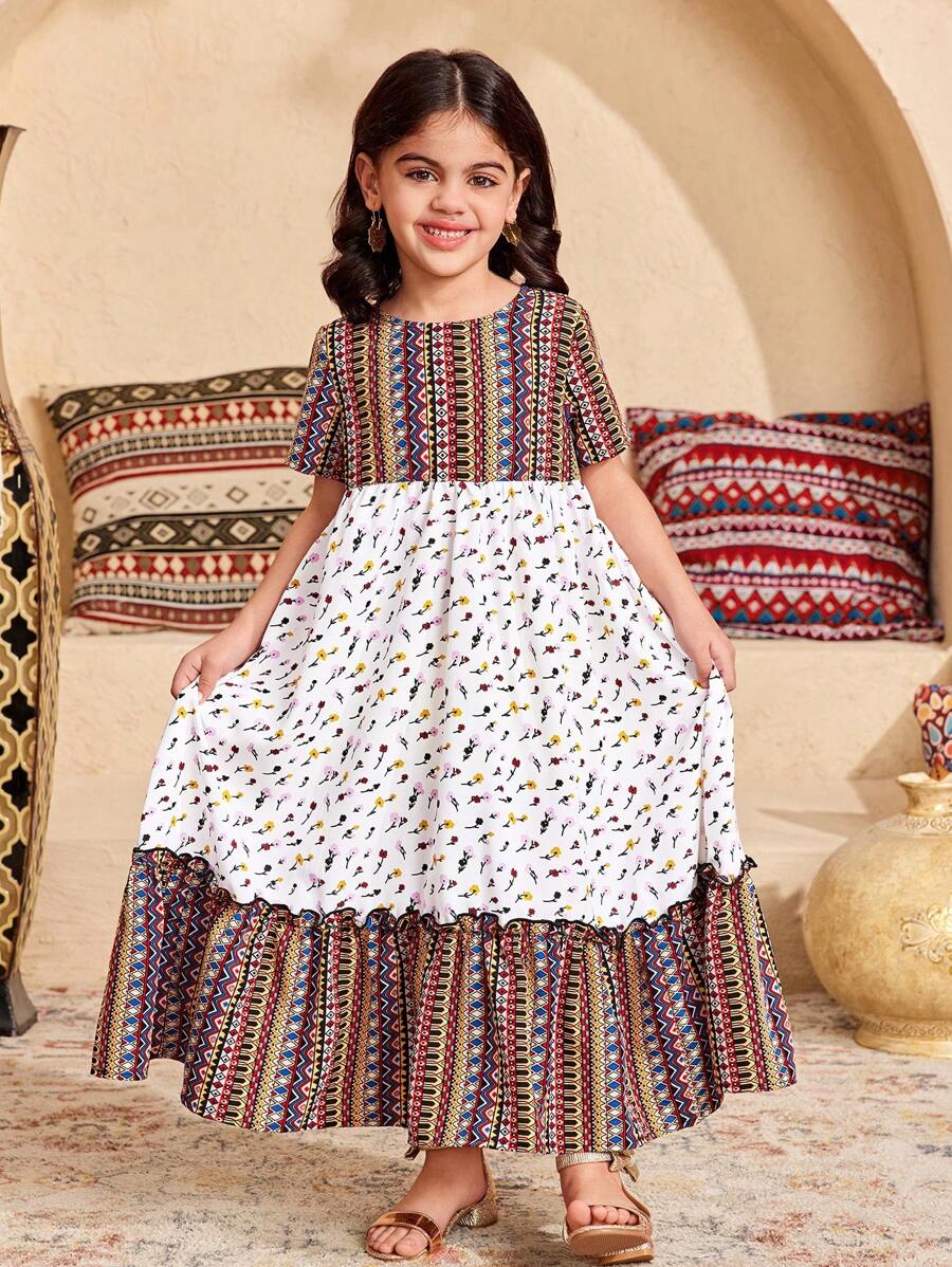 SHEIN Rochie cu mânecă scurtă pentru fată tânără, lejeră, lejeră, minimalistă, confortabilă, cu gât rotund, model mozaic