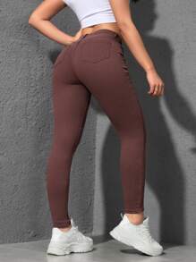 SHEIN Essnce 女式口袋紧身休闲百搭牛仔裤 - 酒紅色 - 查看 3