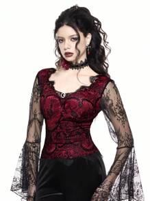 ROMWE Goth Ropa gótica, vintage, romántica y lujosa con mangas abullonadas y encaje de estilo corte imperial para el Día de San Valentín - Burdeos - Ver 3