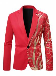Manfinity Mode Chaqueta de traje con estampado de plantas en la solapa y manga larga de moda para hombre de talla grande