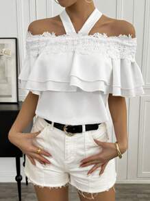 Chiquease Chemisier élégant pour femmes à épaules dénudées avec volants en couleur unie