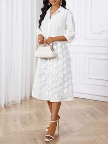 SHEIN Lady Robe chemise mi-longue avec col tressé beige élégante pour le travail de bureau, avec contraste de mesh, manches trois-quarts, convenant pour le printemps, l'été et l'automne - Blanc - Voir 5