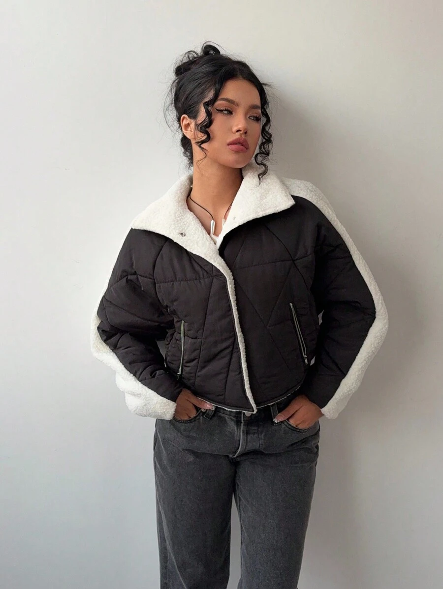 Aloruh 拼布仿棉大衣，秋冬新品 - 黑色 - 查看 1