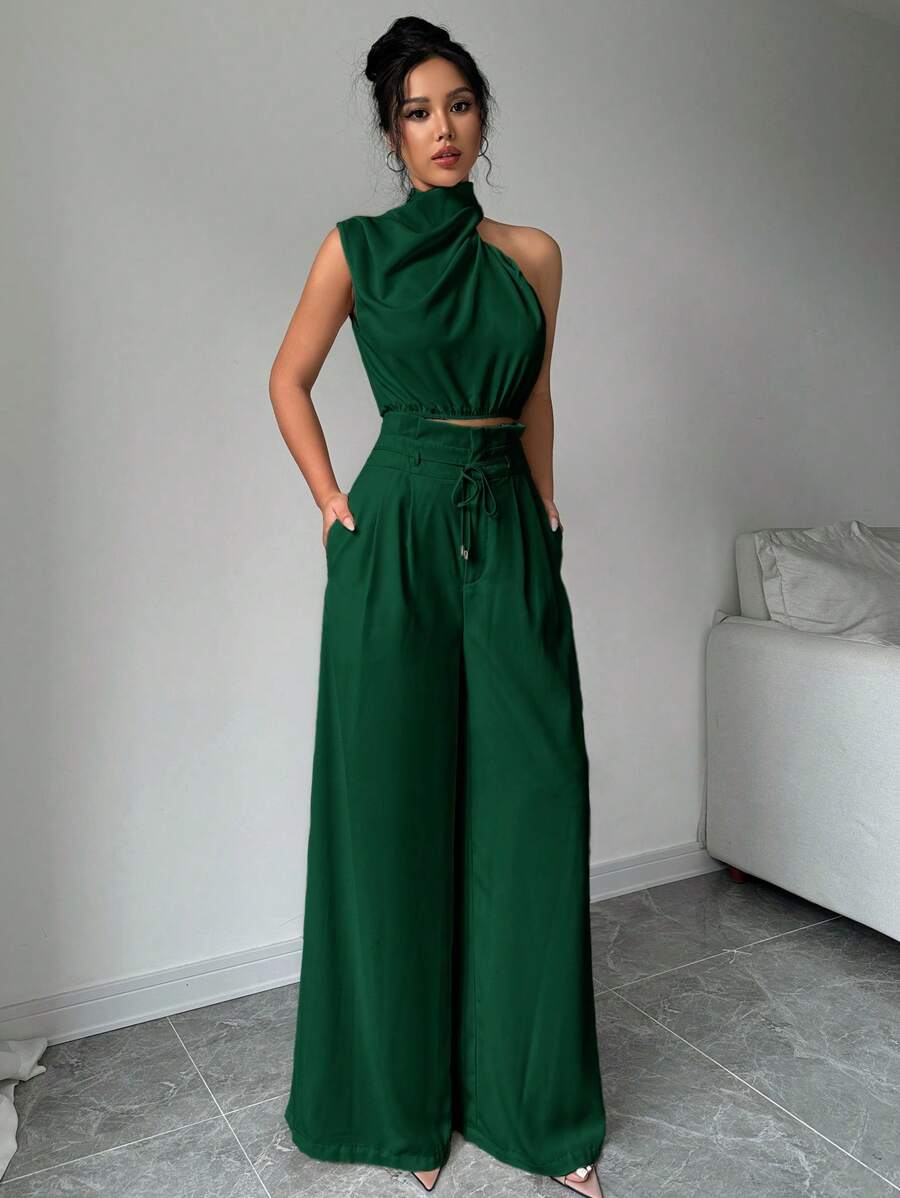 Firerie 2pcs/Set Women Turtleneck Sleeveless Top And Wide Leg Pants - Dark Green - View 1