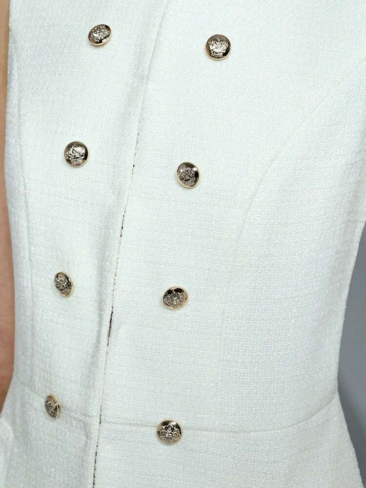 SHEIN Maija 여성용 아이보리 더블 브레스트 메탈 버튼 장식 다용도 우아하고 편안한 현대적 디자인 루즈 숄더 드롭 돌먼 슬리브 크루넥 민소매 오픈 프론트 블레이저 베스트, 정장, 캐주얼, 비즈니스 등 다양한 용도로 적합, 발렌타인데이 올드 머니