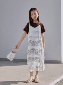 2pcs/Set Girls Solid Short Sleeve Dress With Lace Camisole Dress, Summer Set - Khaki - View 4