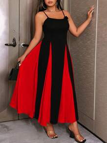 SHEIN Unity 大码女式黑白撞色图案无袖 3D 花朵优雅长裙，春夏 - 紅色 - 查看 5