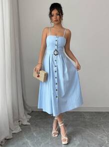 Chiquease Cài nút phía trước một hàng khuy, có thắt lưng, phong cách ngày lễ, thanh lịch và thời trang khi đi chơi, váy chữ A dài vừa phải màu xanh lam có dây đeo cho nữ, váy midi mùa hè, váy cài nút cho nữ, váy suông cho nữ, váy đi nghỉ cho nữ, váy chống nắng cho nữ - Màu xanh lam - Xem 3