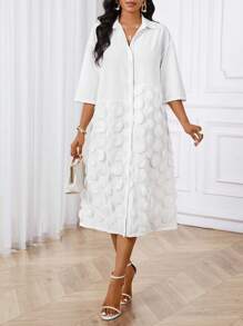 SHEIN Lady Robe chemise mi-longue avec col tressé beige élégante pour le travail de bureau, avec contraste de mesh, manches trois-quarts, convenant pour le printemps, l'été et l'automne - Blanc - Voir 1