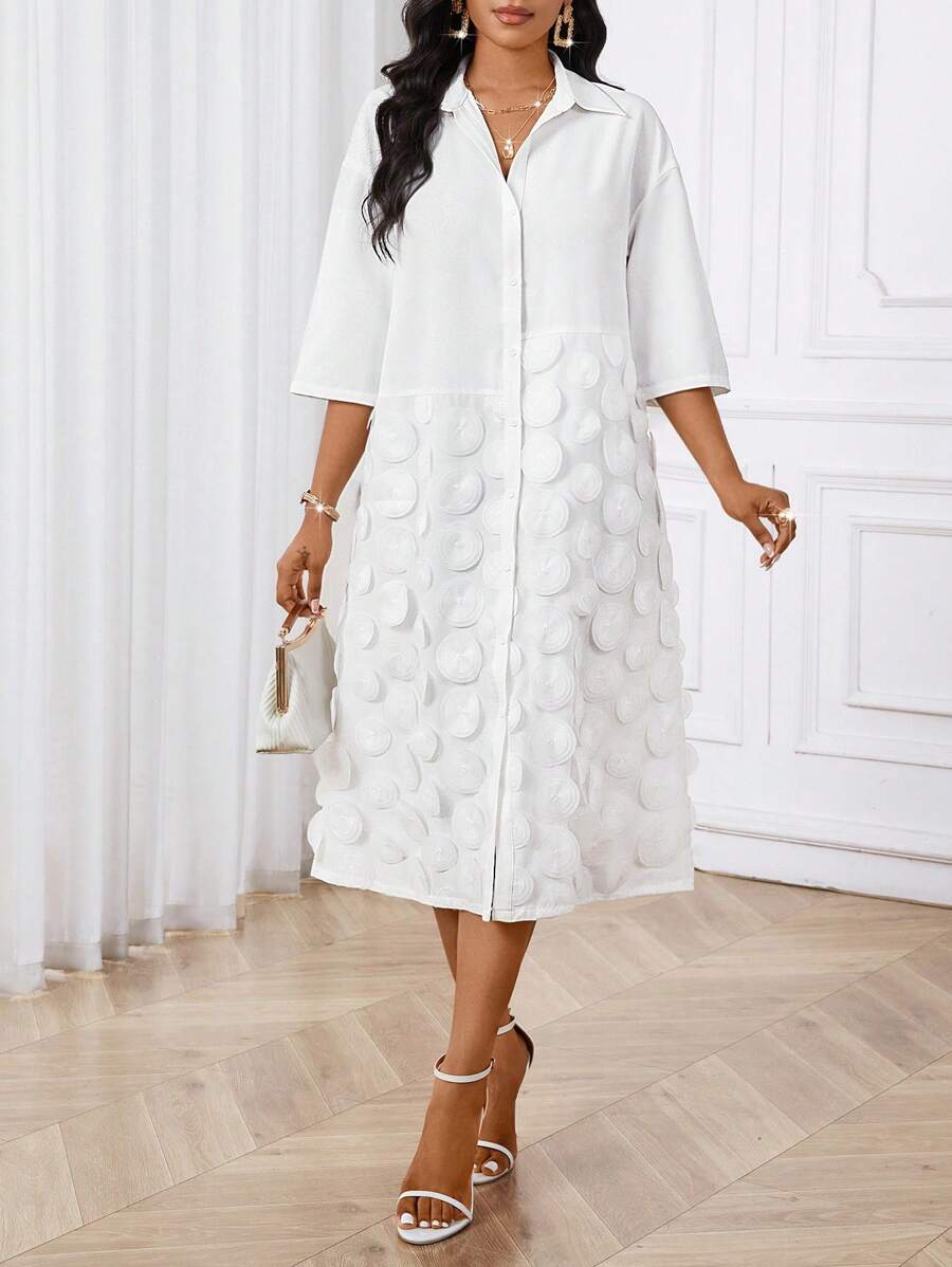 SHEIN Lady Robe chemise mi-longue avec col tressé beige élégante pour le travail de bureau, avec contraste de mesh, manches trois-quarts, convenant pour le printemps, l'été et l'automne - Blanc - Voir 1