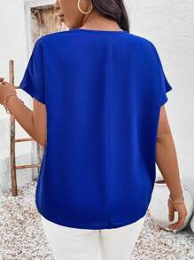 SHEIN Clasi Áo sơ mi tay ngắn cổ chữ V đính ngọc trai cỡ lớn cho nữ - Xanh đậm - Xem 2