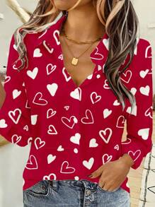 EMERY ROSE Casual Heart Graphic Loose Open Front Blouse For Women, Summer Valentine's Day Going Out Tops