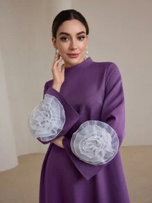 Graceveil Váy chữ A dài tay phong cách Ả Rập dành cho nữ có cổ đứng và điểm nhấn hoa 3D khiêm tốn - Màu tím - Xem 4