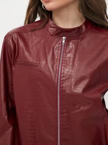 Flirla Chaqueta casual holgada de mujer con diseño de cremallera en piel roja retro