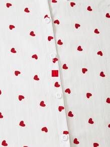 2pcs Valentine's Day Tween Girls Heart Print Collar Shirt And Shorts, Spring/Summer Casual Formal Outfit Set - Red and White - View 4