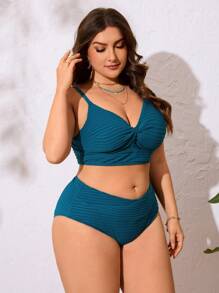 Swim Lushoire Plus Size Women's 2Pcs Solid Color Adjustable Strap Ruched Top And High Waist Spliced Bottoms Swimwear, Fashionable Resort Wear For Summer Beach Vacation - Dark Green - View 4
