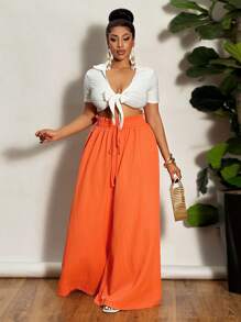 Slaydiva Women Plus Size Vacation Textured High Waist Wide Leg Pants - Orange - View 5