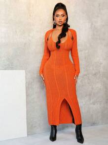 BamGleam Váy len dài tay hở vai họa tiết cáp màu trơn cho nữ - trái cam - Xem 3