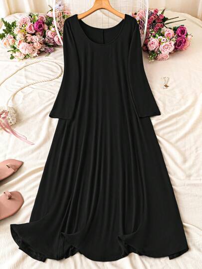 DreamSkyne 女士加大码宽松圆领长袖连衣裙，适合圣诞节勃艮第红长款女装