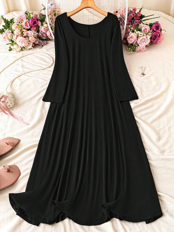 DreamSkyne Women Plus Size Loose Fit Round Neck Long Sleeve Dress, For Christmas Burgundy Maxi Women Outfit Fall Cloth For Women