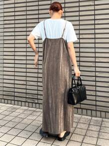 FRIFUL Damen einfarbiges Trägerkleid, lässiges strukturiertes, locker sitzendes Midikleid, Sommerkleid, Herbstkleid mit Langarm - Khaki - Übersicht 2