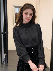 DAZY Women Pearl Decor Turtleneck Casual Blouse