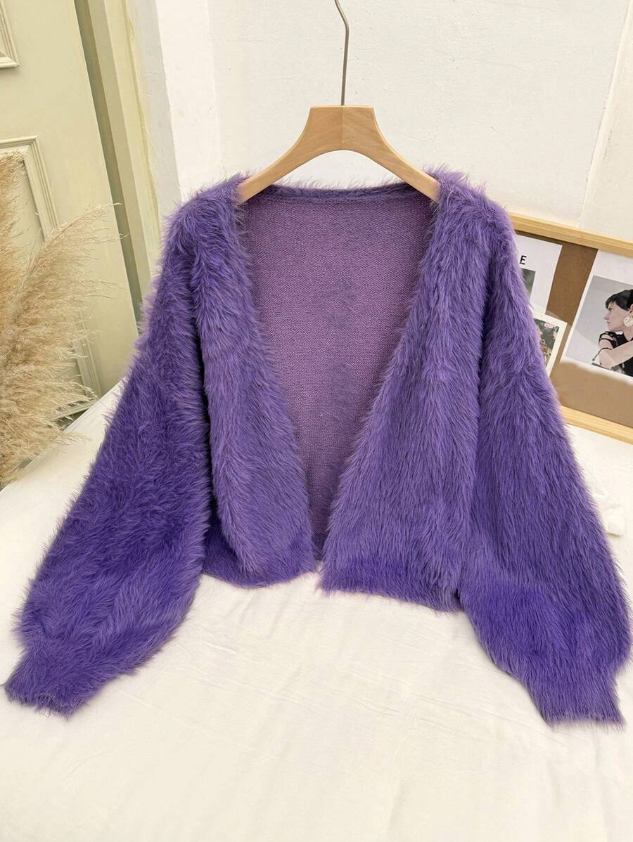 SHEIN Frenchy Áo len cardigan hở vai cỡ lớn cho nữ - Màu tím - Xem 1