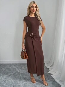 Ellevyn Women's Elegant Metal Button Decoration Twist Waist Long Sleeve Dress For Work And Daily Wear Women's Summer Clothing Ladies Dress Elegant Carnival Summer Women's Dress, Summer Dress Spring Wear Solid Black