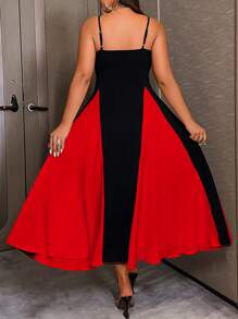 SHEIN Unity 大码女式黑白撞色图案无袖 3D 花朵优雅长裙，春夏 - 紅色 - 查看 2