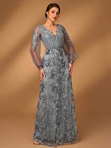 Serin Rochie maxi elegantă, strălucitoare, cu decolteu în V, cu mâneci lanternă, potrivită pentru mama miresei/mirelor la petrecerea de seară, nuntă, banchet formal