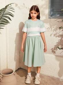 SHEIN 2 Pieces Set For Tween Girl,Sage Green Summer Casual Elegant School Outfit,Round Neck Short-Sleeve T-Shirt Paired With A Skirt,Soft Skin-Friendly Set - Green - View 5