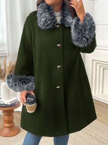 SHEIN LUNE Plus Size Women Autumn/Winter Patchwork Faux Fur Long Sleeve Single-Breasted Elegant Woolen Coat