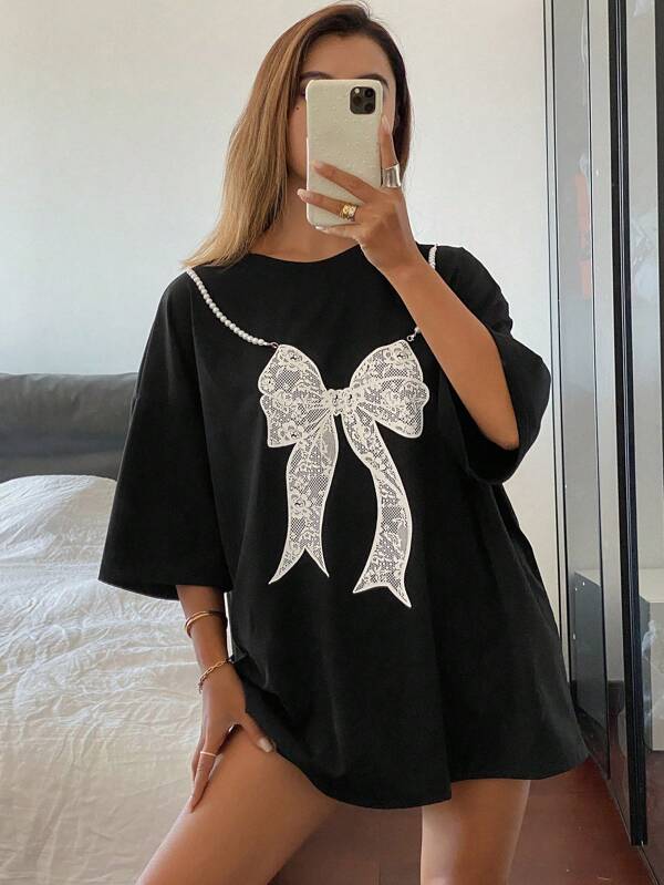 DAZY Women's Loose Bow Lace Pearl Short Sleeve T-Shirt Cute Tops