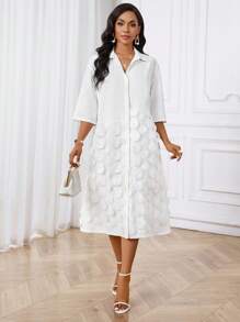 SHEIN Lady Robe chemise mi-longue avec col tressé beige élégante pour le travail de bureau, avec contraste de mesh, manches trois-quarts, convenant pour le printemps, l'été et l'automne - Blanc - Voir 6