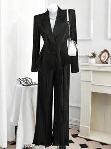 Calvaya Plus Size Women Black Square Collar Long Sleeve Pleated Straight Leg Pants Suit, Elegant For Commuting Fall Cloth For Women - Black - View 1