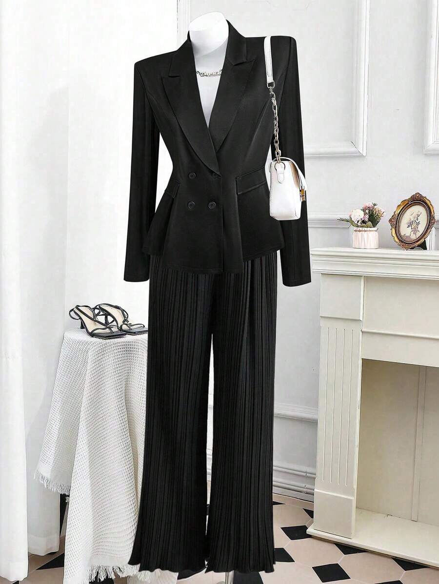 Calvaya Plus Size Women Black Square Collar Long Sleeve Pleated Straight Leg Pants Suit, Elegant For Commuting Fall Cloth For Women - Black - View 1