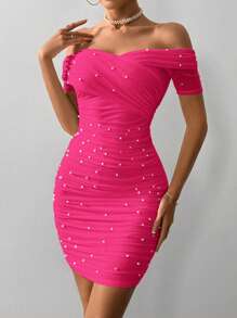 Firerie Đầm ôm hở vai tay ngắn đính hạt cườm trang trí cho nữ, màu trắng - Màu Hồng Tươi - Xem 3