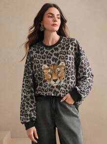 Anewsta Fashionable City Leopard Print Rhinestone Crew Neck Sweatshirt Pullover Fall Sweatshirt - Grey - View 6