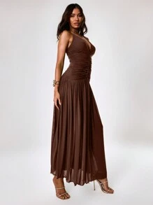 MUSERA Ruched Front Plunge Maxi Dress Spring Romantic Summer Vacation Wedding Guest Ibiza Holiday Beach Fall Night Out Wedding Guest Elegant Date Night Fall Winter - Chocolate Brown - View 4