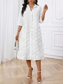 SHEIN Lady Robe chemise mi-longue avec col tressé beige élégante pour le travail de bureau, avec contraste de mesh, manches trois-quarts, convenant pour le printemps, l'été et l'automne - Blanc - Voir 4