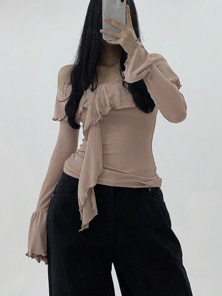 Women's Off Shoulder Bell Sleeve Long Sleeve T-Shirt Top, Spring & Summer,Ruffle,Fall Women Clothes