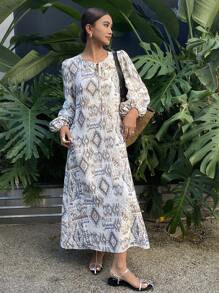 Livesso Print Straight Loose Beach Cover Up Midi Dress For Women Long Sleeve Dress Vacation Outfits Women - Beige - View 7