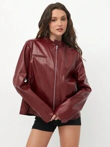 Flirla Chaqueta casual holgada de mujer con diseño de cremallera en piel roja retro