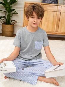 SHEIN Tween Boy Casual Simple Stripe Pattern Round Neck Pocket Tee & Pants 2 Pieces Sleepwear Lounge Set - Grey - View 3
