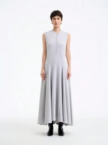 SHEIN LUNE Women's Light Grey Summer Effortless Chic Everyday Elegant Knit Collared Half Zip Sleeveless Dress With Pockets,Waist Cinching And Ruffle Hem - Light Grey - View 7