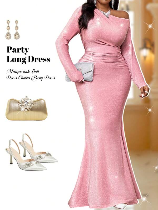 Fleurora Autumn And Winter Elegant Party Wedding Cocktail Party Concert/Music Festival Pink Knitted Metallic Off The Shoulder Mermaid Ruched Long Long Sleeve Plus Size Dresses Concert Women Outfit Women Costumes Winter Women Dress Elegant Women Dresses Masquerade Ball Dress Fall Clothes Curve Party Dress