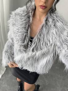 SHEIN Privé Women Vintage Faux Fur Coat, Open Front Furry Collar Fuzzy Jacket, Fashion Winter Outwear, Suitable For Valentine's Day - Grey - View 7